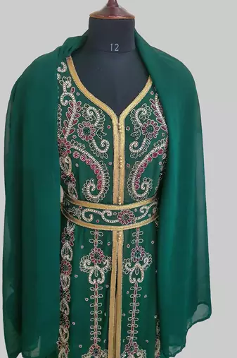 Dark-Green color Handmade Moroccan Kaftan with hijjab