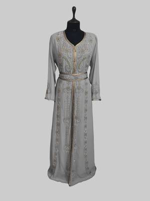 Grey color Handmade Moroccan Kaftan with hijjab 1