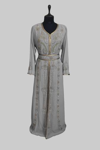 Grey color luxurious Handmade Moroccan Kaftan with hijjab