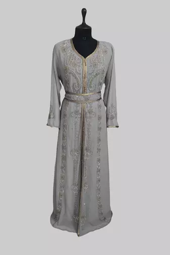 Grey color luxurious Handmade Moroccan Kaftan with hijjab
