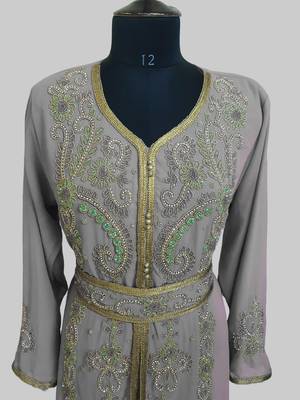 Grey color Handmade Moroccan Kaftan with hijjab 2