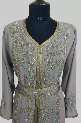 Grey color Handmade Moroccan Kaftan with hijjab