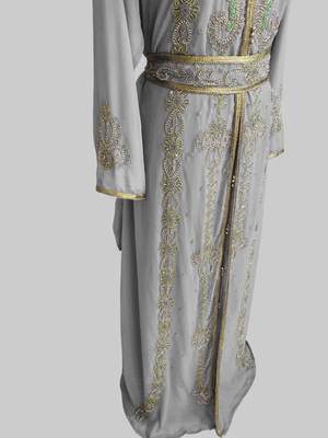 Grey color Handmade Moroccan Kaftan with hijjab 3
