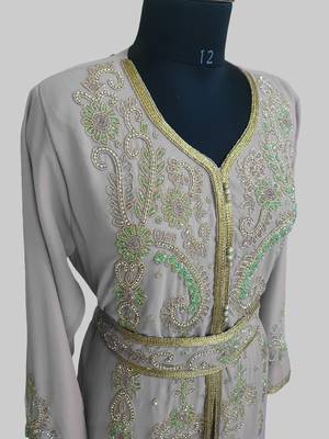 Grey color Handmade Moroccan Kaftan with hijjab 4
