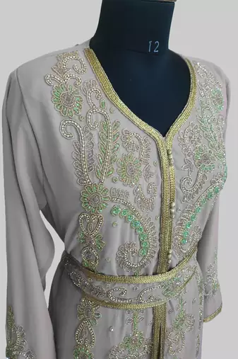 Grey color Handmade Moroccan Kaftan with hijjab