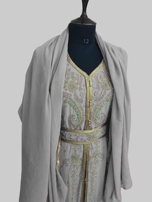Grey color Handmade Moroccan Kaftan with hijjab 5