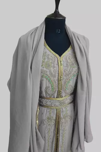 Grey color Handmade Moroccan Kaftan with hijjab