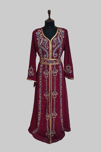 Maroon color luxurious Handmade Moroccan Kaftan with hijjab