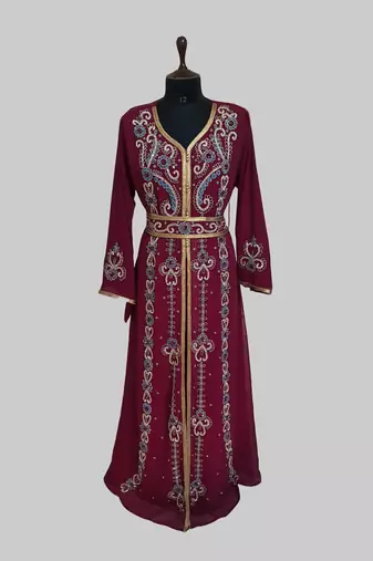 Maroon color luxurious Handmade Moroccan Kaftan with hijjab