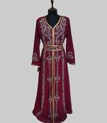 Maroon color luxurious Handmade Moroccan Kaftan with hijjab