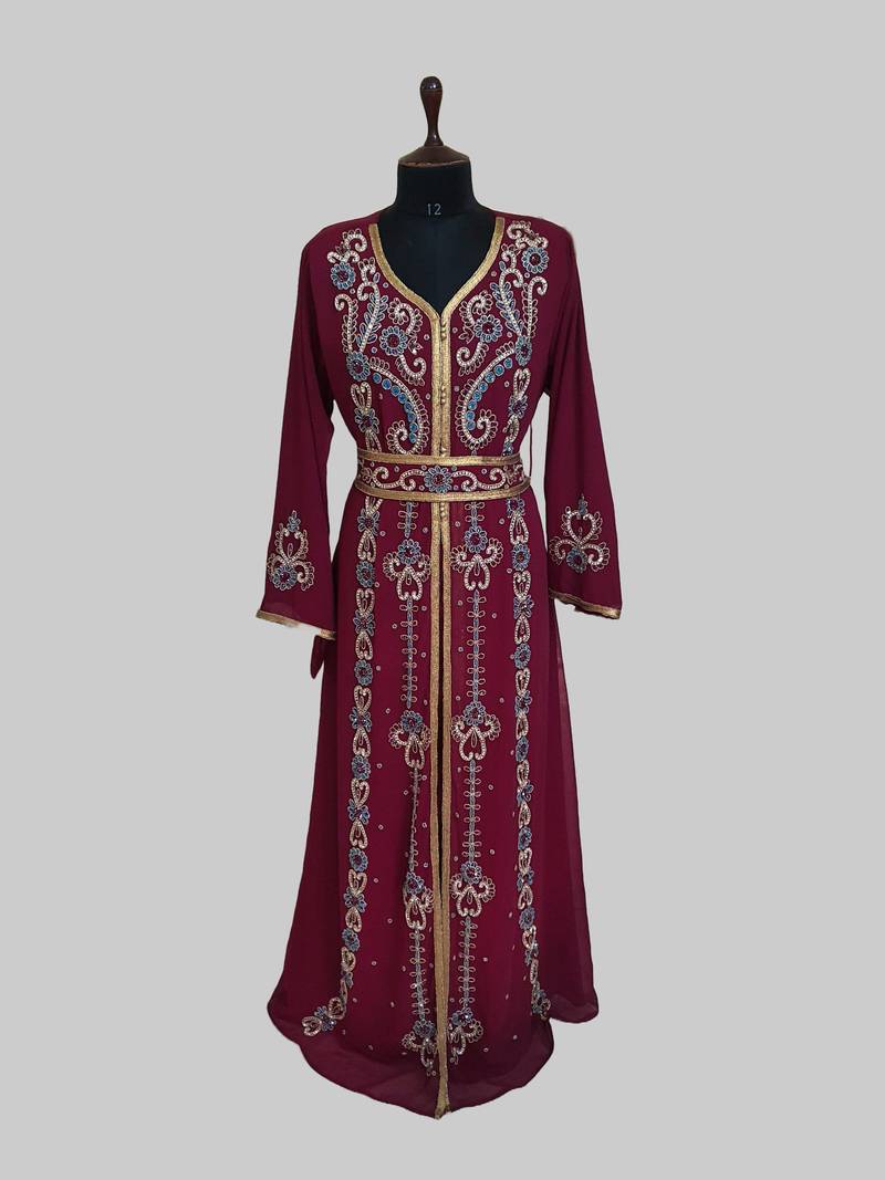 Maroon color luxurious Handmade Moroccan Kaftan with hijjab