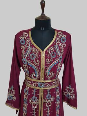 Maroon color Handmade Moroccan Kaftan with hijjab 2