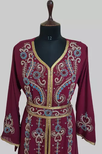 Maroon color Handmade Moroccan Kaftan with hijjab