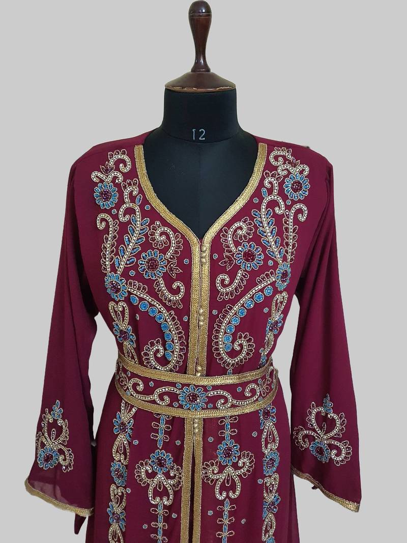 Maroon color luxurious Handmade Moroccan Kaftan with hijjab