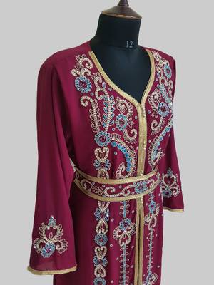 Maroon color Handmade Moroccan Kaftan with hijjab 3