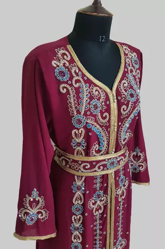 Maroon color Handmade Moroccan Kaftan with hijjab