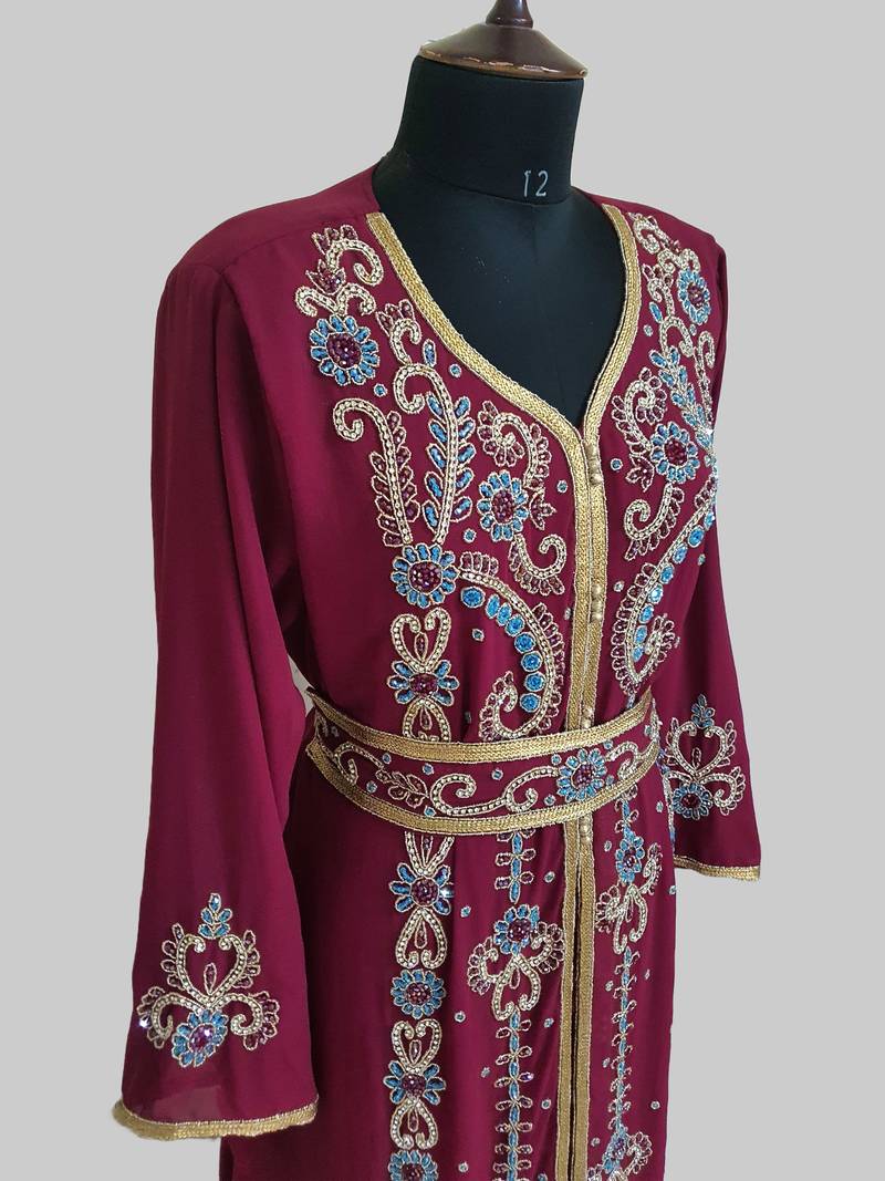 Maroon color luxurious Handmade Moroccan Kaftan with hijjab