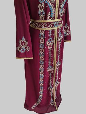 Maroon color Handmade Moroccan Kaftan with hijjab 4