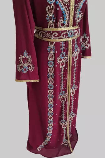 Maroon color Handmade Moroccan Kaftan with hijjab