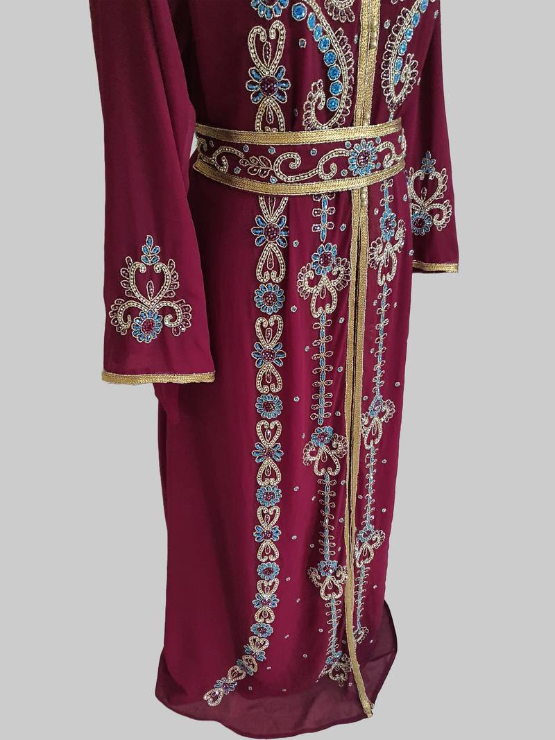 Maroon color luxurious Handmade Moroccan Kaftan with hijjab