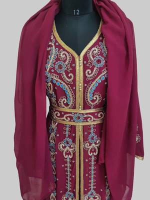 Maroon color Handmade Moroccan Kaftan with hijjab 5