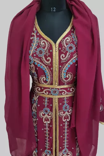 Maroon color Handmade Moroccan Kaftan with hijjab