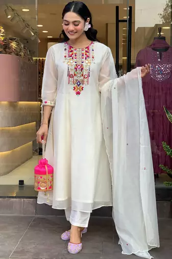 white embroidered viscose Kurta Pant with dupatta