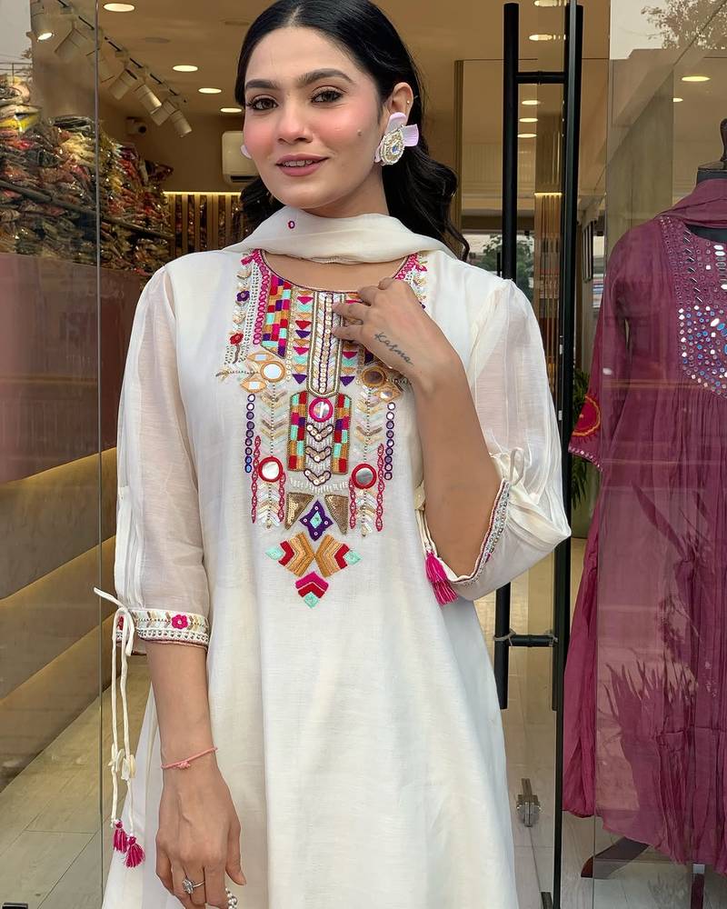 white embroidered viscose Kurta Pant with dupatta