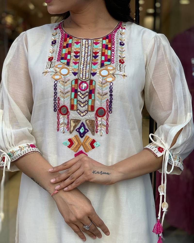 white embroidered viscose Kurta Pant with dupatta