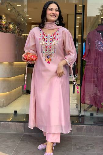 Pink embroidered viscose Kurta Pant with dupatta