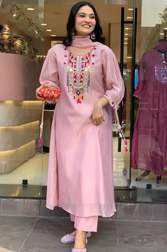 Pink embroidered viscose Kurta Pant with dupatta