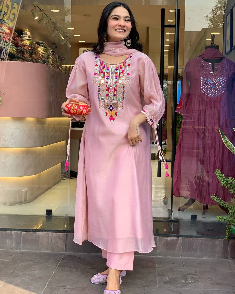 Pink embroidered viscose Kurta Pant with dupatta