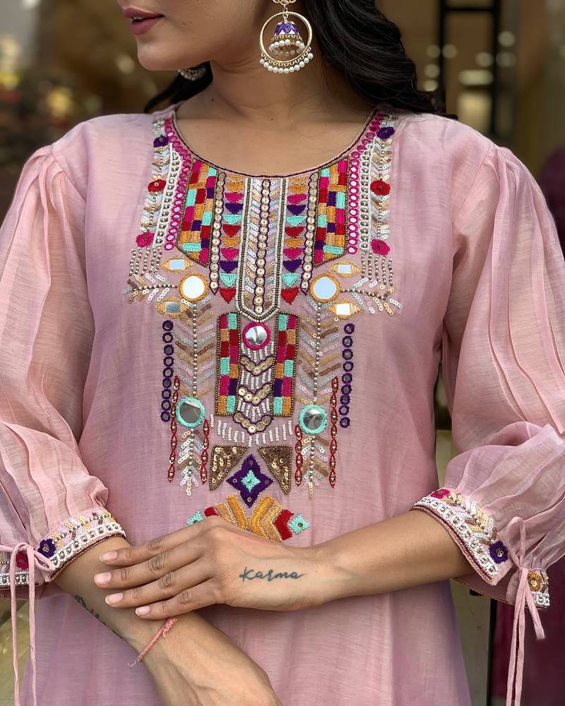 Pink embroidered viscose Kurta Pant with dupatta