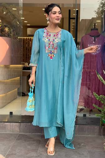 Teal Blue Embroidered viscose Kurta Pant with dupatta