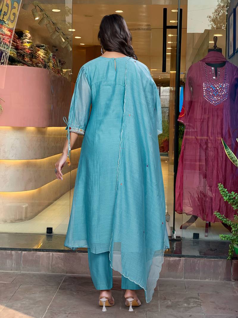 Teal Blue Embroidered viscose Kurta Pant with dupatta