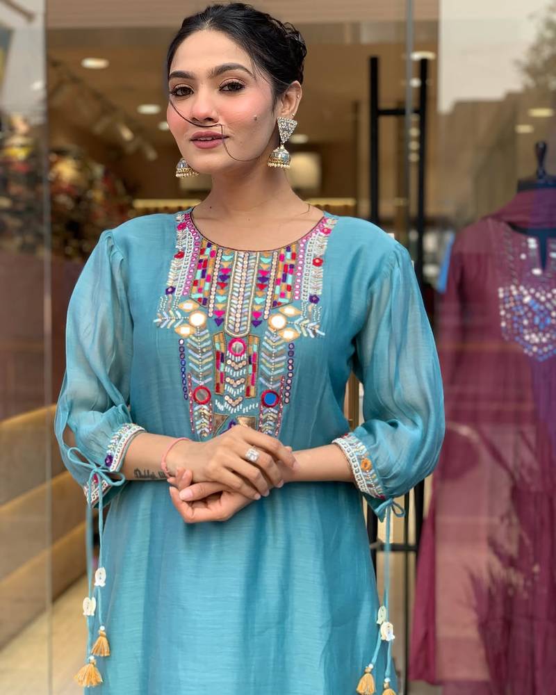 Teal Blue Embroidered viscose Kurta Pant with dupatta