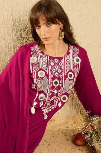 Cherry embroidered viscose Kurta Pant with dupatta