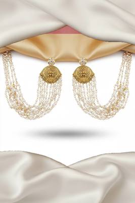 White laxmi design temple jewellery kaan chain earrings for women | antique gold finish with clustered pearls 1