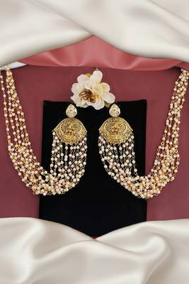 White laxmi design temple jewellery kaan chain earrings for women | antique gold finish with clustered pearls 2