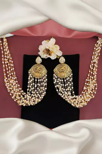 White laxmi design temple jewellery kaan chain earrings for women | antique gold finish with clustered pearls
