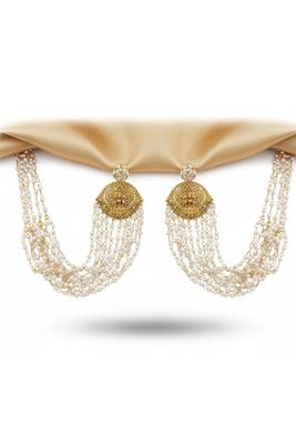 White laxmi design temple jewellery kaan chain earrings for women | antique gold finish with clustered pearls 3