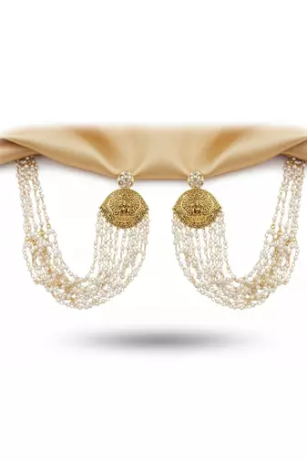 White laxmi design temple jewellery kaan chain earrings for women | antique gold finish with clustered pearls