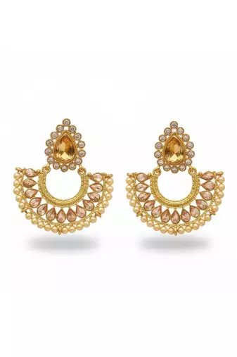 Transparent yellow polki earrings for women | half circle paan hold design for weddings & festivals