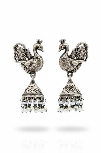 Oxidised silver peacock design long jhumka earrings for women | fancy traditional party jewelry