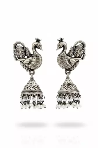 Oxidised silver peacock design long jhumka earrings for women | fancy traditional party jewelry