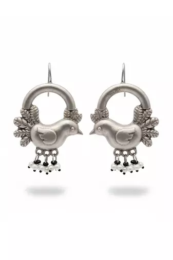 Oxidised silver flower design jhumka earrings for women | antique style oxidised jewelry