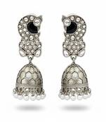 White clustered pearl oxidised silver polish jhumka earrings for women & girls