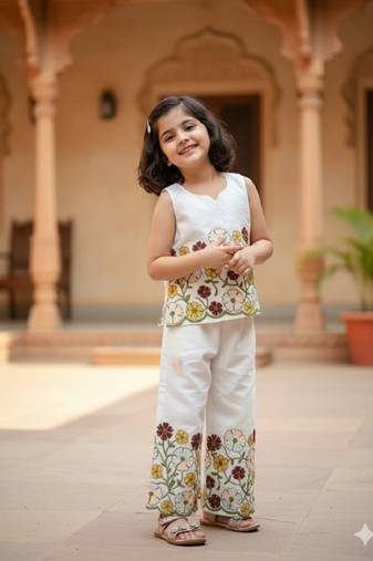 Offwhite soft kora cotton thread embroidered work co-ord set
