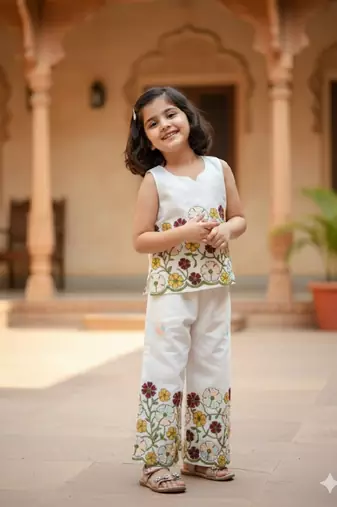 Offwhite soft kora cotton thread embroidered work co-ord set