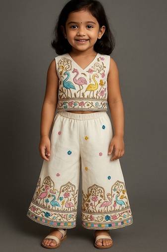 Offwhite soft kora cotton thread embroidered work co-ord set